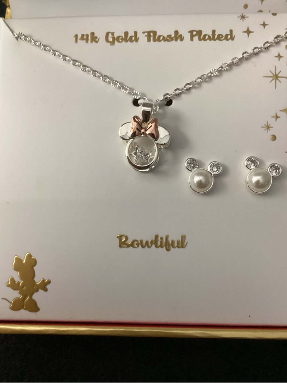 Disney Minnie Mouse 14k Gold Flash Plated Silver Necklace and Earrings Set - Picture 3 of 7